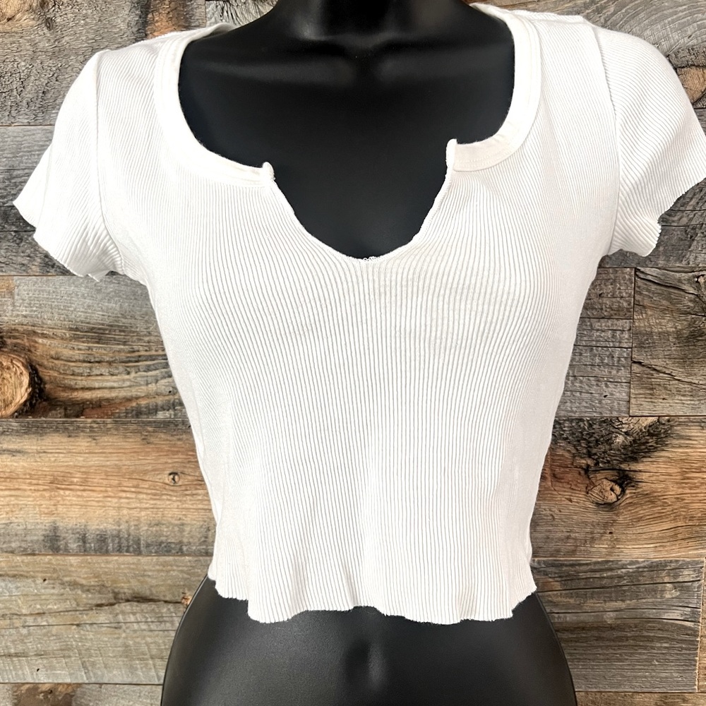 Topshop White Rib Crop Top with V Cut Neckline